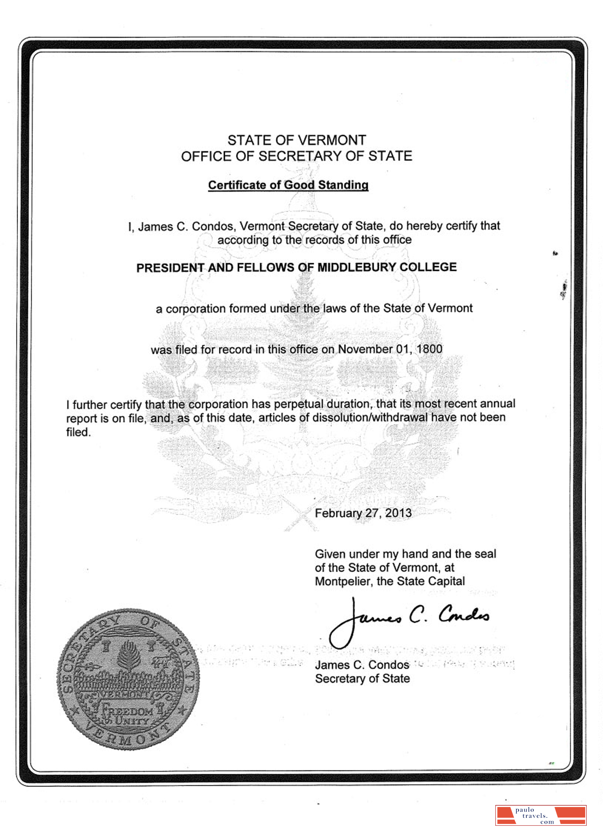 USA Vermont certificate of good standing